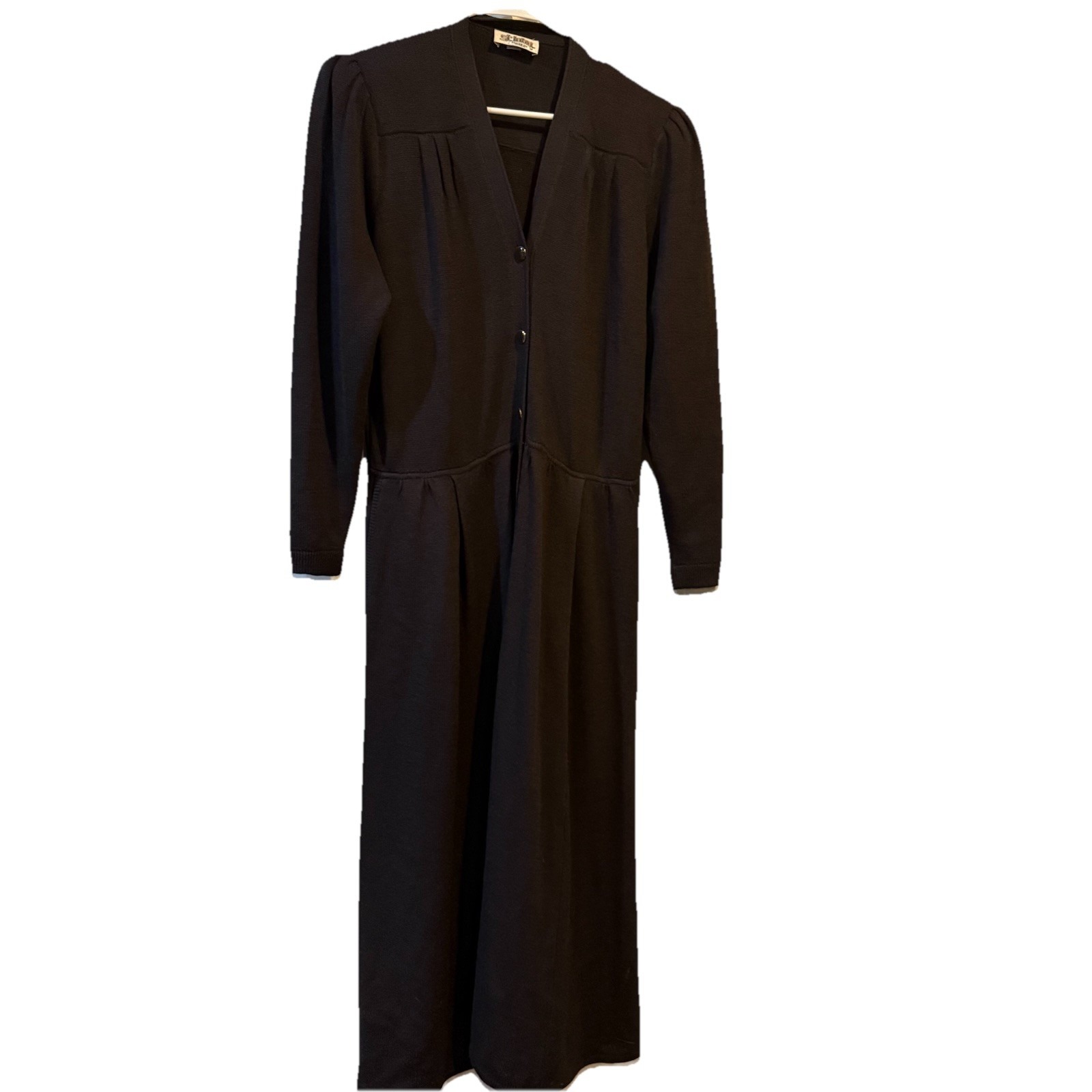 Vtg St. John Black Midi Dress 10 Heavy Knit Long Sleeve Button Up Shoulder Pads